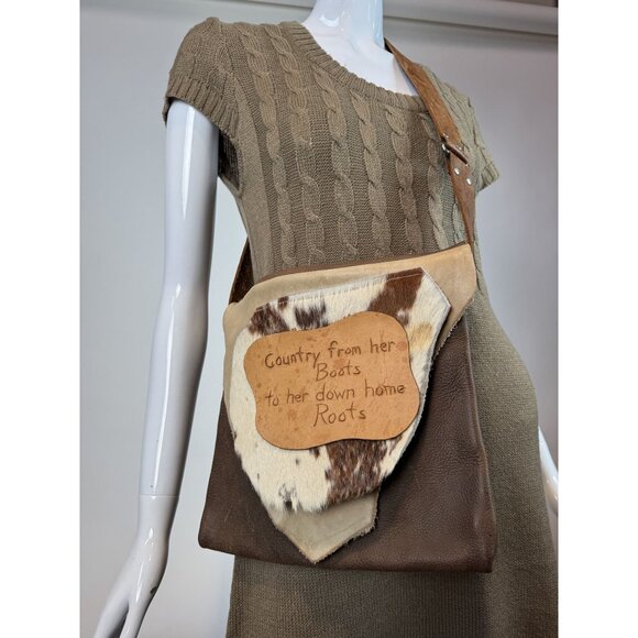 Leather & Cowhide Shoulder Bag With Rustic Country Engraving On Flap For Western - Picture 16 of 16